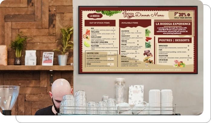 A digital menu board for a coffee shop showing customization options