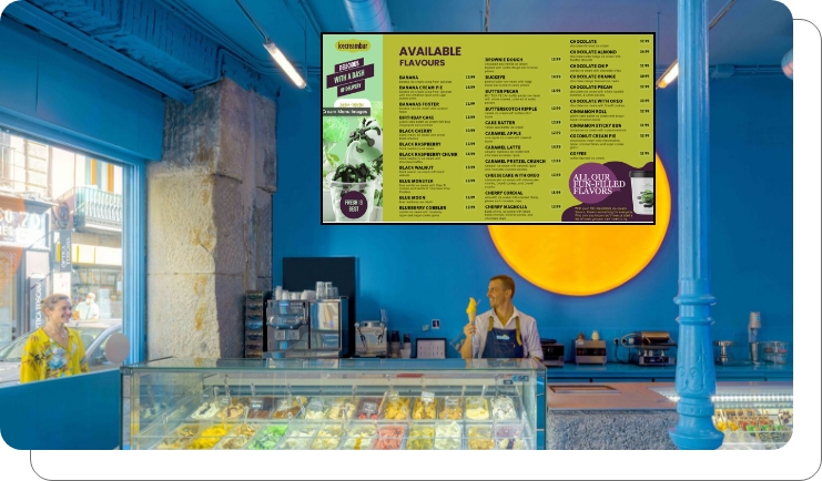 A digital menu board for a coffee shop showing nutritional information