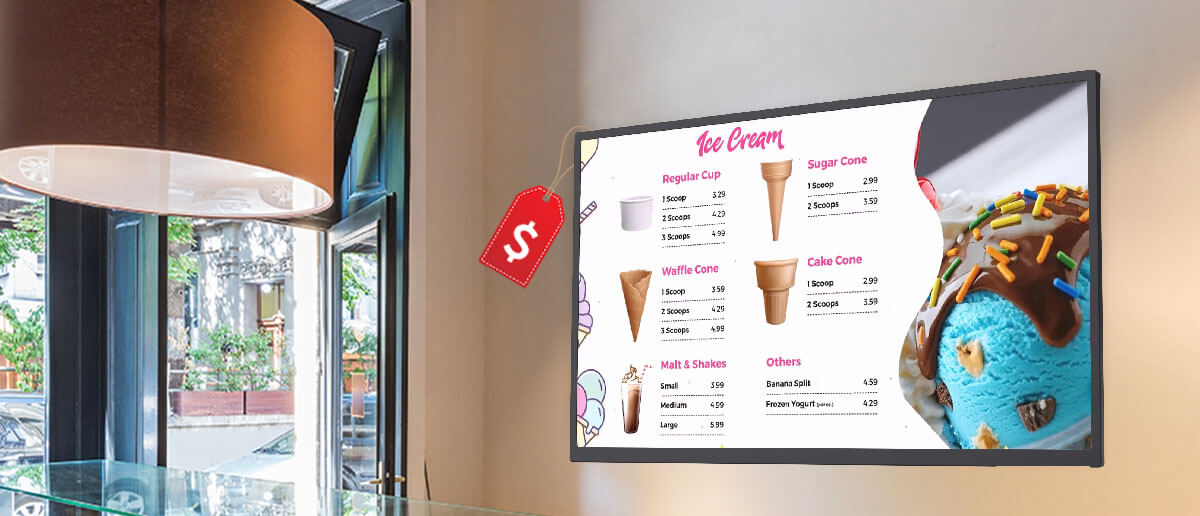 A $ tag hangs from a digital menu board indicating the cost