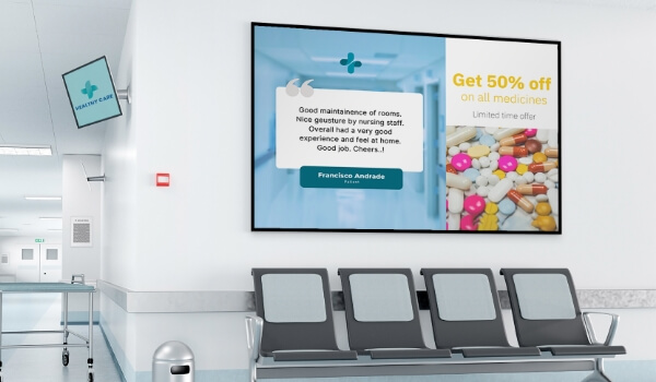 hospital lobby equipped with digital signage to display promotional content as a part of marketing strategy