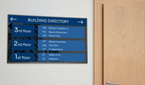 A digital office lobby directory showing various workplaces in each floor on its website