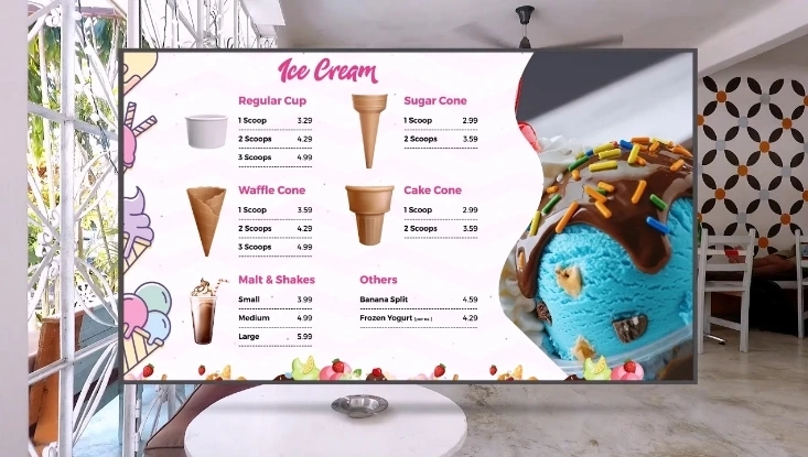 Ice cream shop with digital menu boards showing flavors and prices