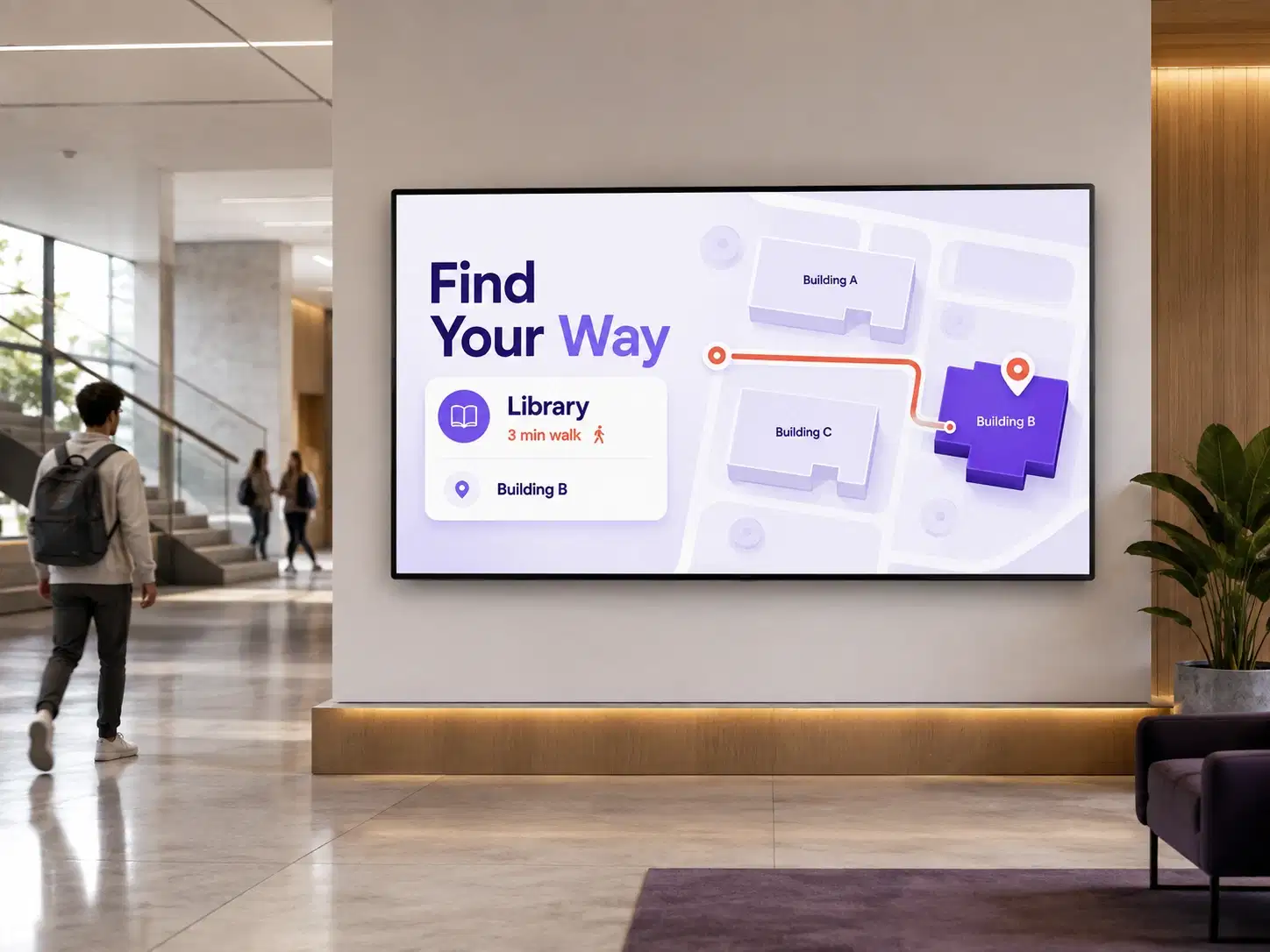 University campus digital wayfinding signage at building entrance