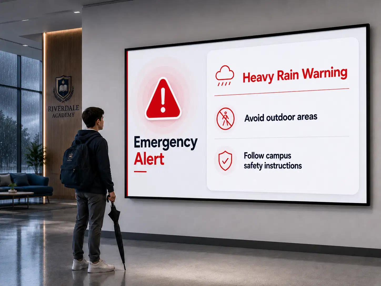 University emergency alert on digital signage display