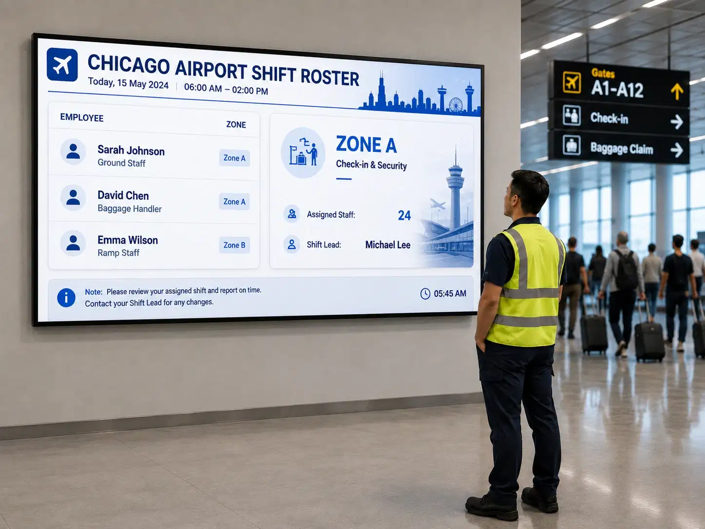 Airport back-of-house employee operational screens managed by Pickcel for ground handling staff