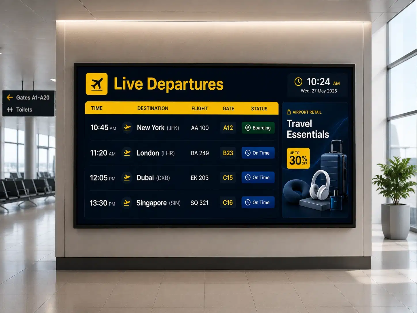 Airport terminal environment using Pickcel digital signage for passenger information and wayfinding