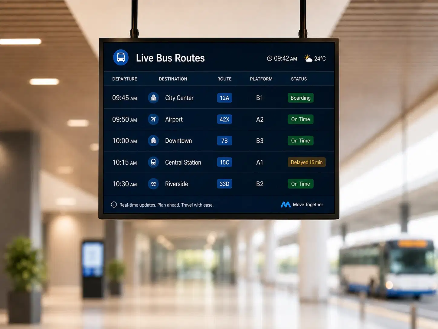 Bus fleet environment using Pickcel digital signage for on-vehicle route and service information