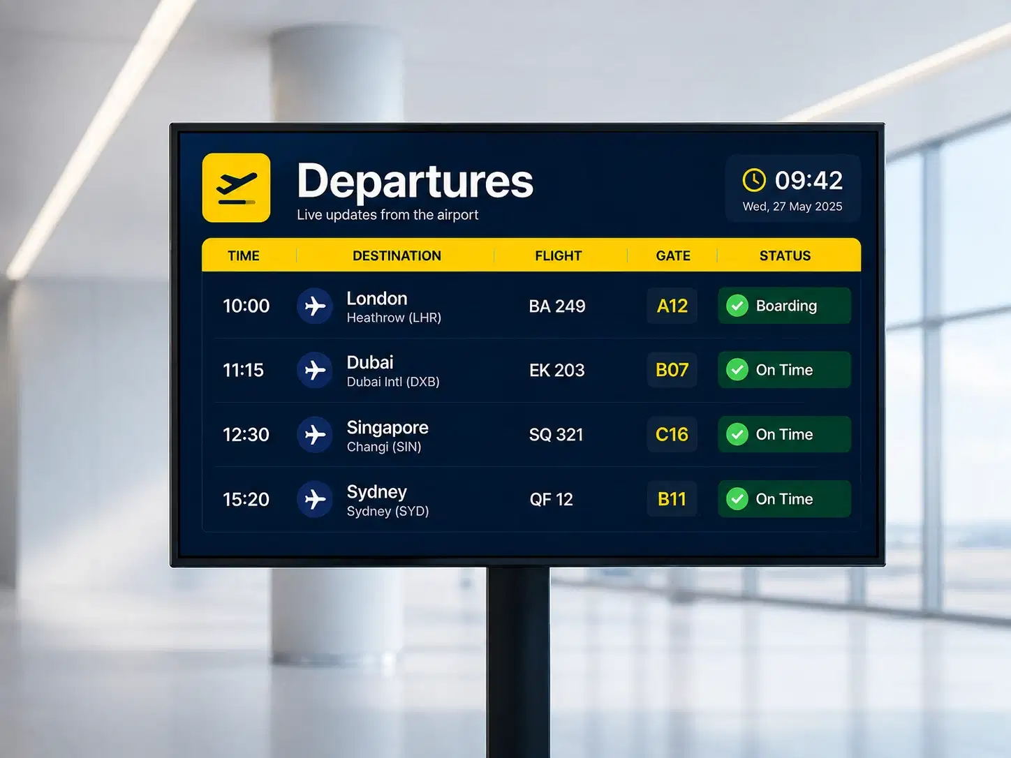 Airport terminal FIDS display powered by Pickcel showing live flight departure and arrival information