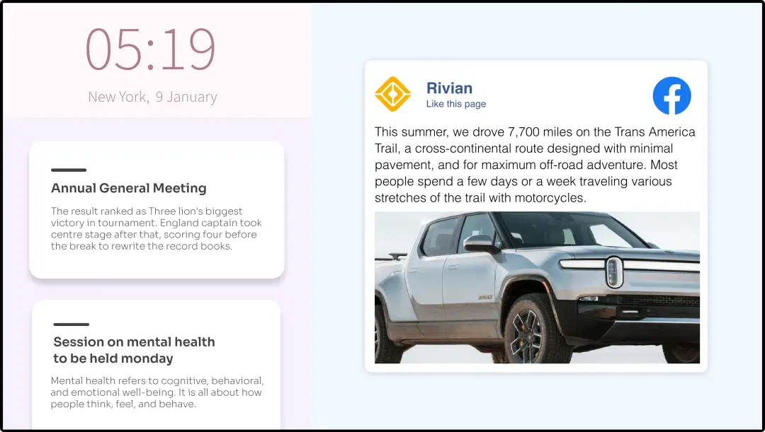 Step 3 digital signage software interface showing composition window with Clock app and other feeds