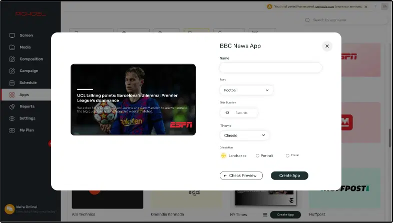 Step 1: Digital signage software interface showing ESPN news App configuration window with multiple options