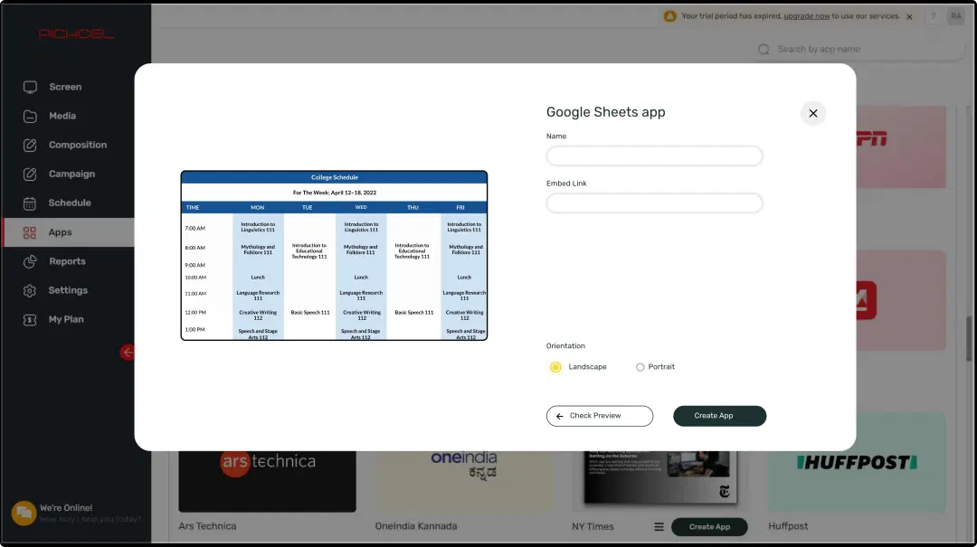 Step 1: Digital signage software interface showing Google Sheets App configuration window with multiple options
