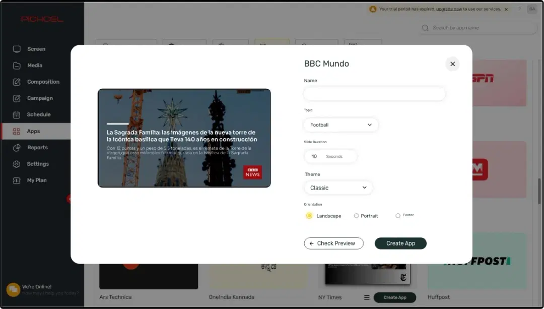 Step 1: Digital signage software interface showing BBC Mundo news App configuration window with multiple options