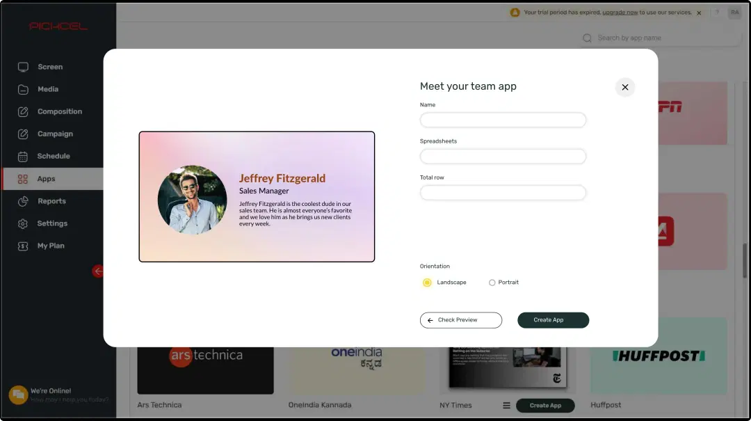 Step 1: Digital signage software interface showing Meet Your Team app configuration window with multiple options