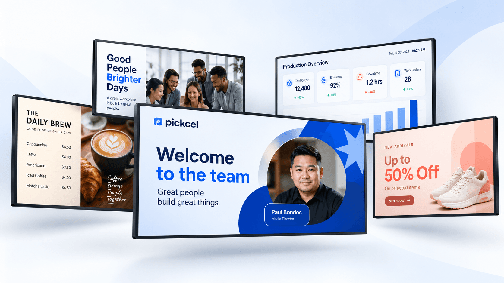 Pickcel digital signage screens showing a welcome message, a cafe menu, a production dashboard and a retail promotion