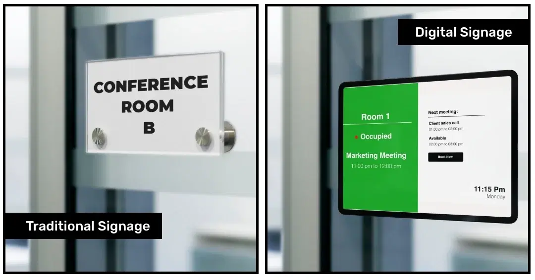 Printed door sign beside a digital door sign showing the meeting schedule