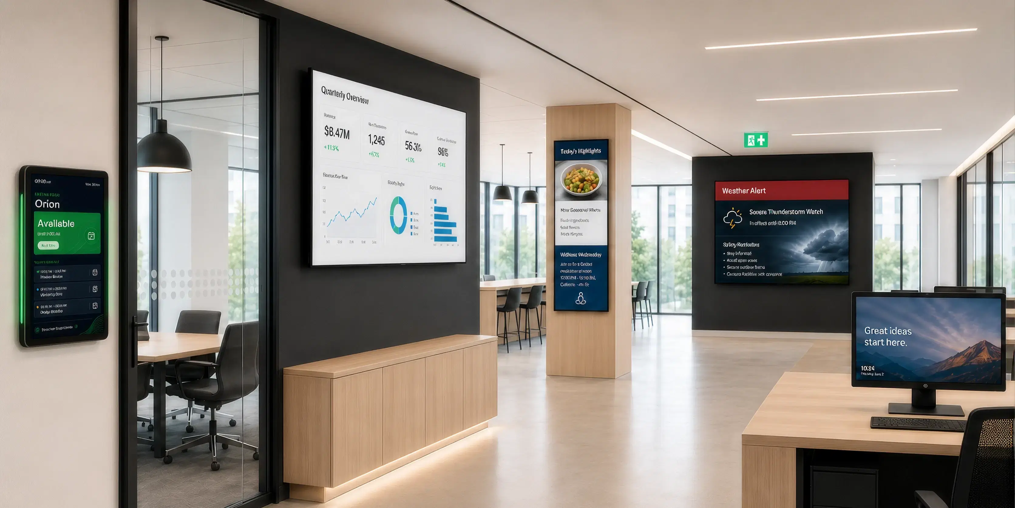 Corporate office interior with Pickcel digital signage on meeting room displays, KPI dashboards, lobby screens, and reception boards