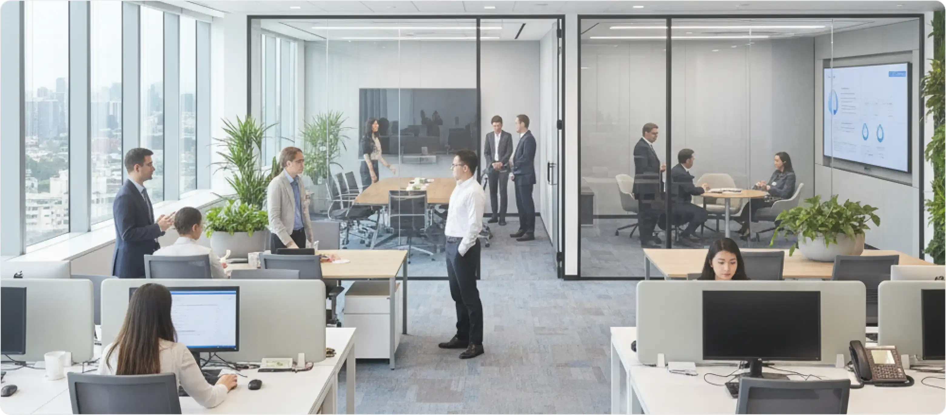 Corporate office with digital signage displaying annual report