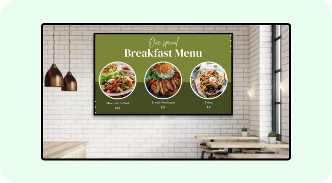 A digital signage screen showing canteen menu options A digital signage screen showing canteen menu options