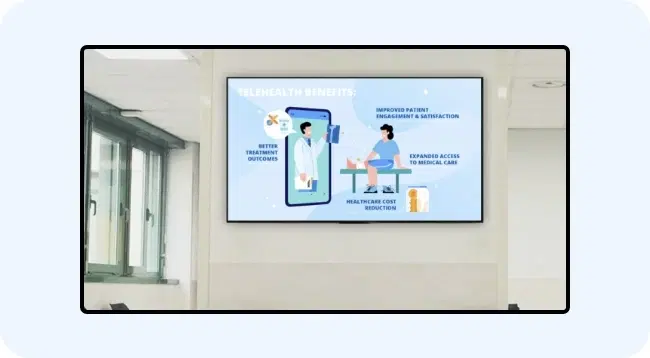A digital signage screen showing telemedicine information A digital signage screen showing telemedicine information