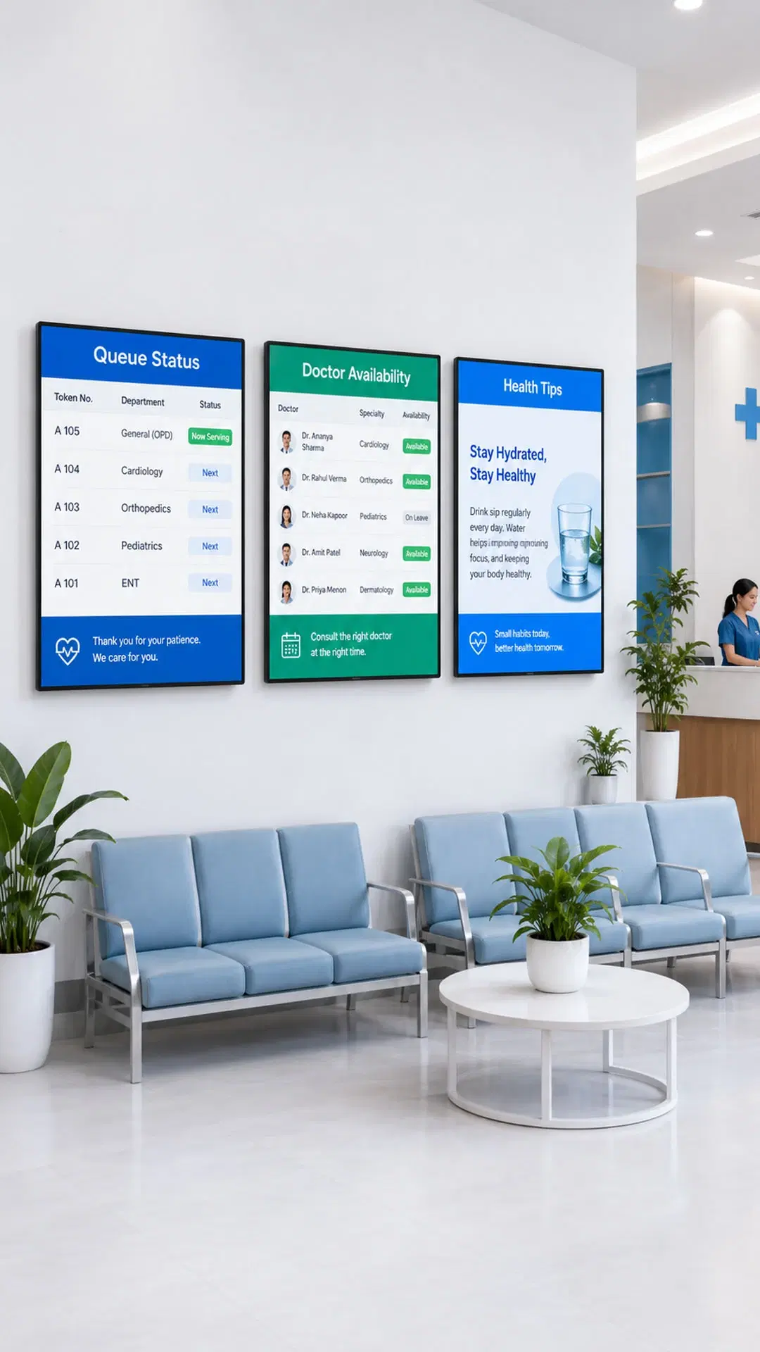Manipal Hospitals waiting room screens managed by Pickcel digital signage platform across Bengaluru and New Delhi