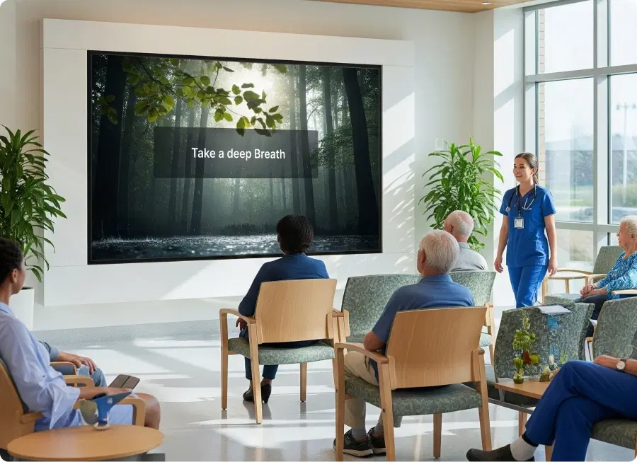Take the focus off the wait with calming visuals and wellness tips