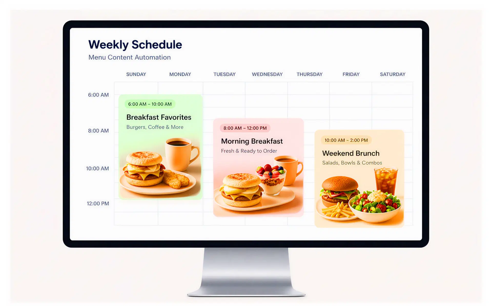 Pickcel daypart scheduling interface with time windows configured for breakfast, lunch, and dinner service periods