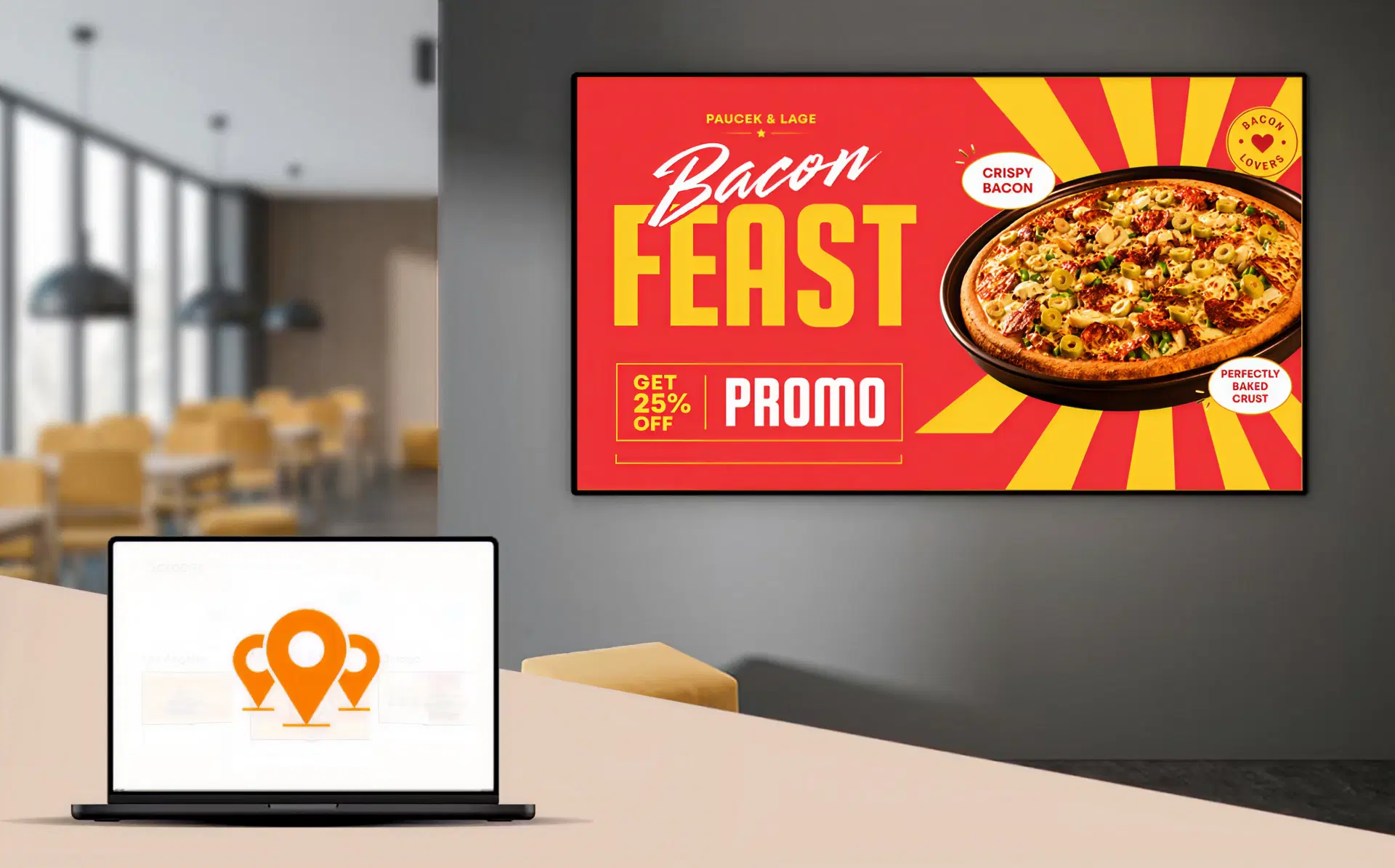 Pickcel multi-location franchise dashboard managing digital signage across multiple restaurant sites