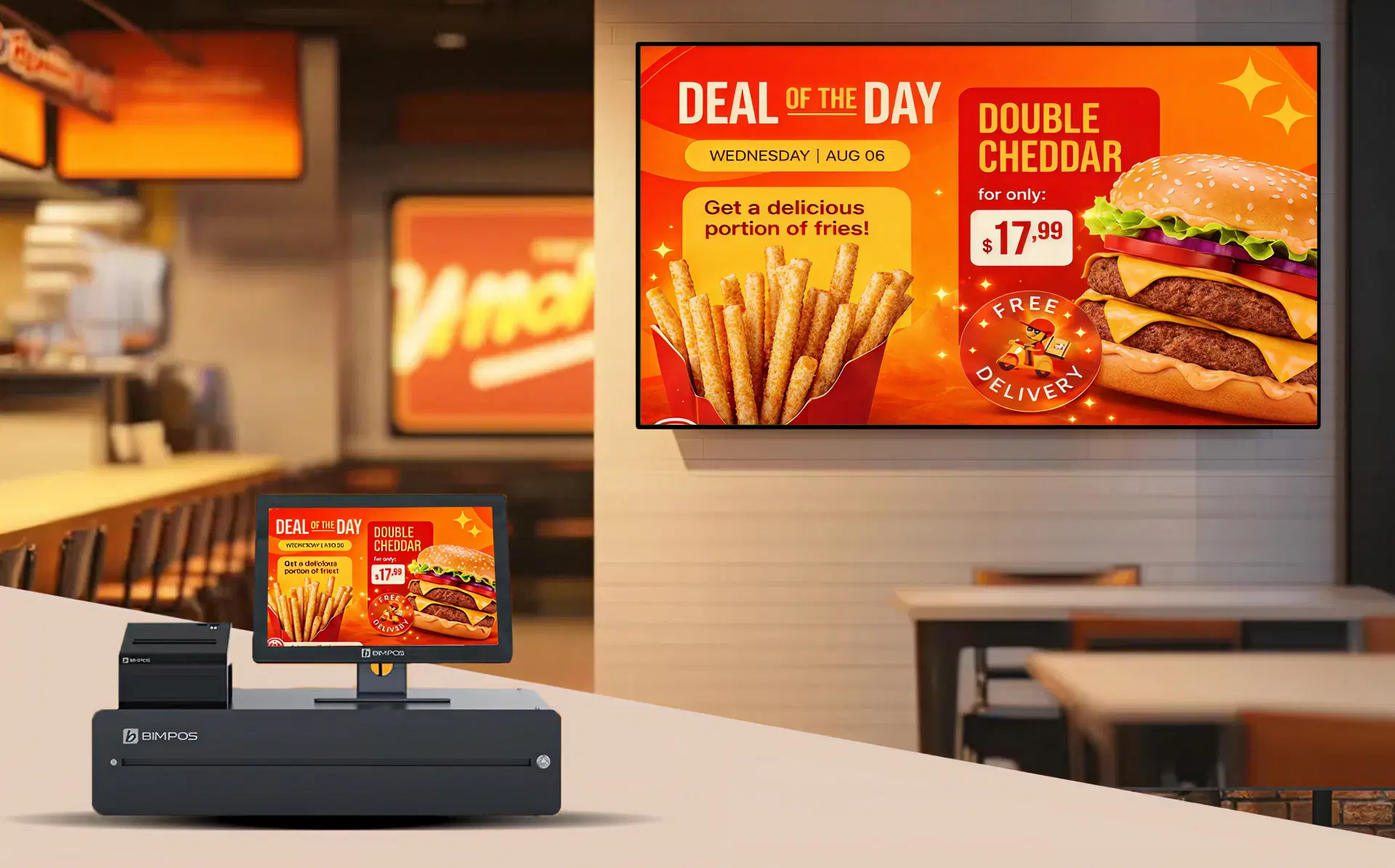 Outdated printed restaurant menu board versus Pickcel digital signage with real-time promotional content