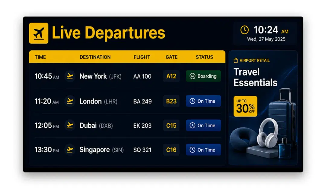 Airport terminal environment using Pickcel digital signage for passenger information and wayfinding