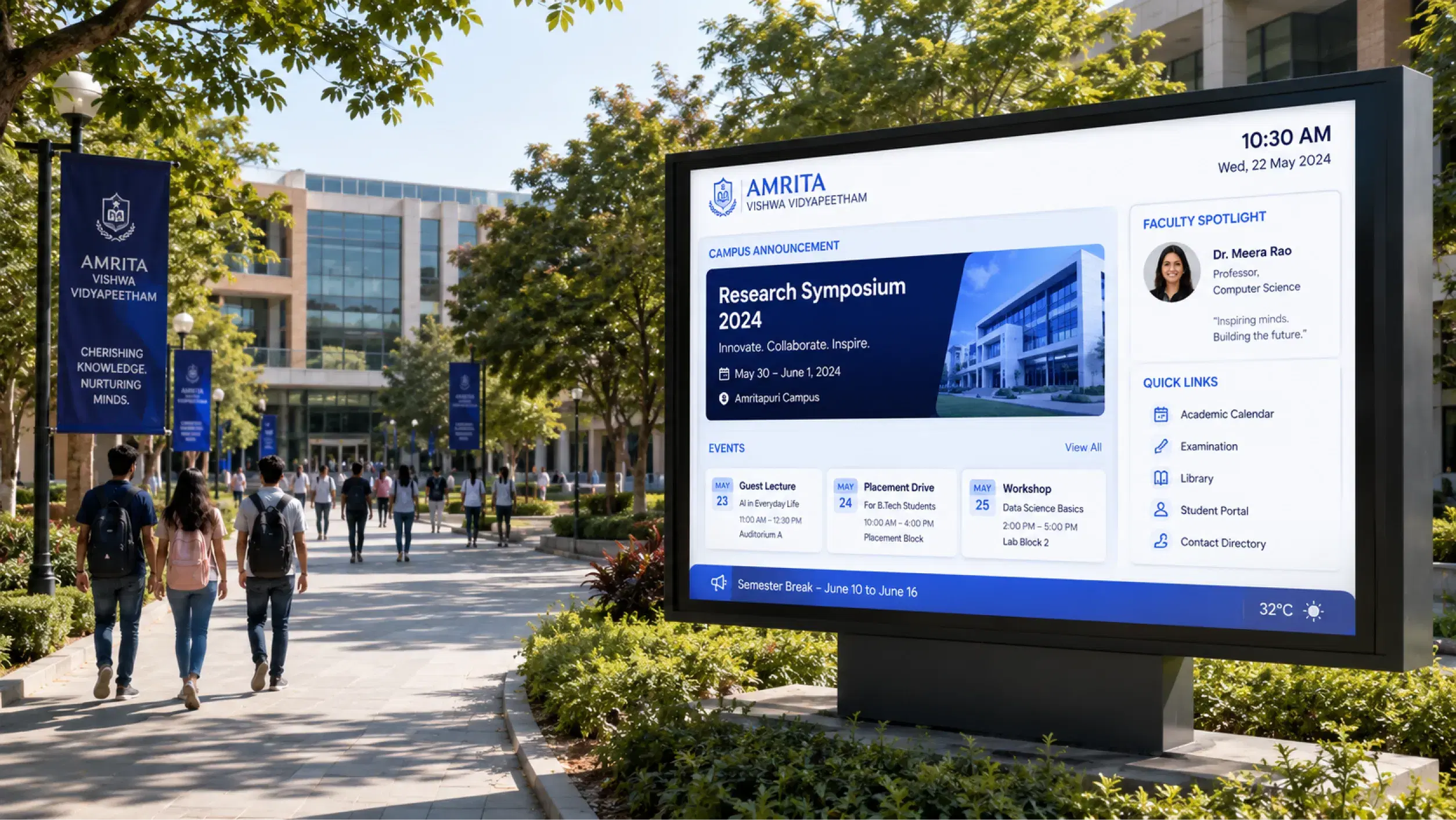 Campus digital signage at Amrita University showcasing announcements and information powered by Pickcel