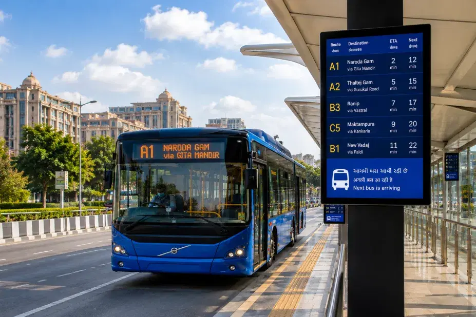 NEC bus stop digital signage showing real-time passenger information