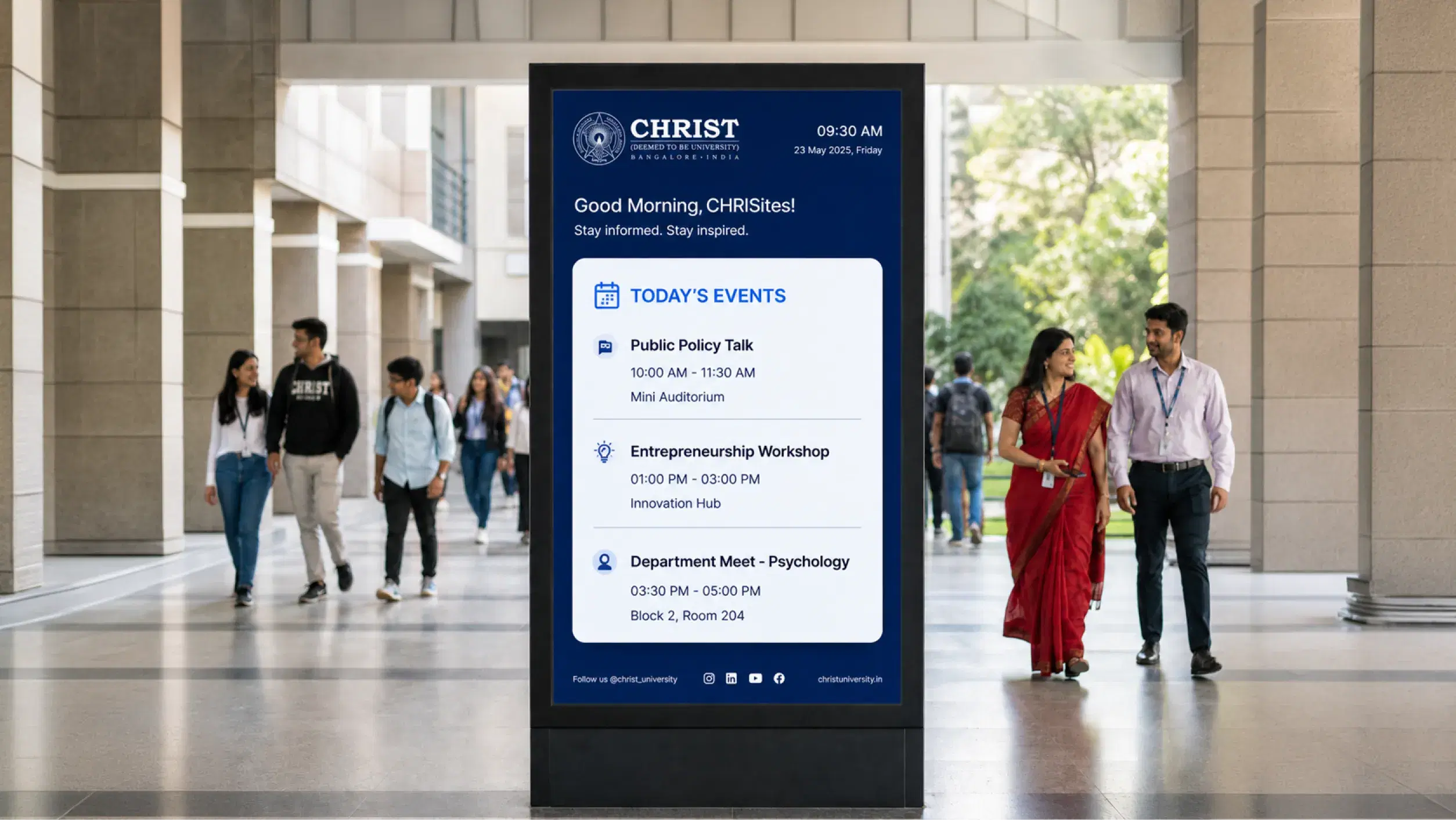 Christ University classroom equipped with digital signage displaying presentation about the ongoing lecture