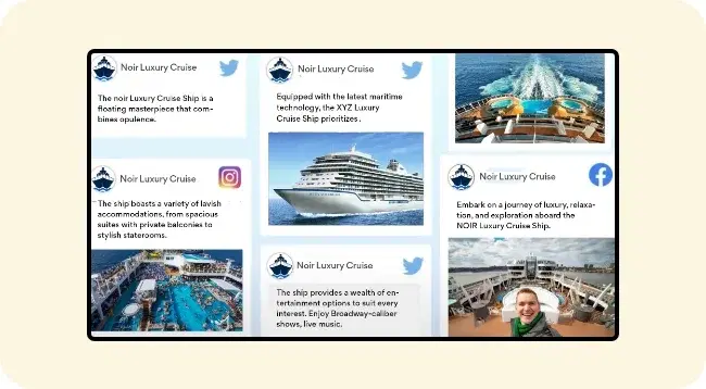 Digital signage screen showing social media feeds on cruise ship