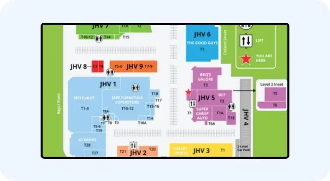 Digital signage screen showing cruise ship wayfinding and navigation maps