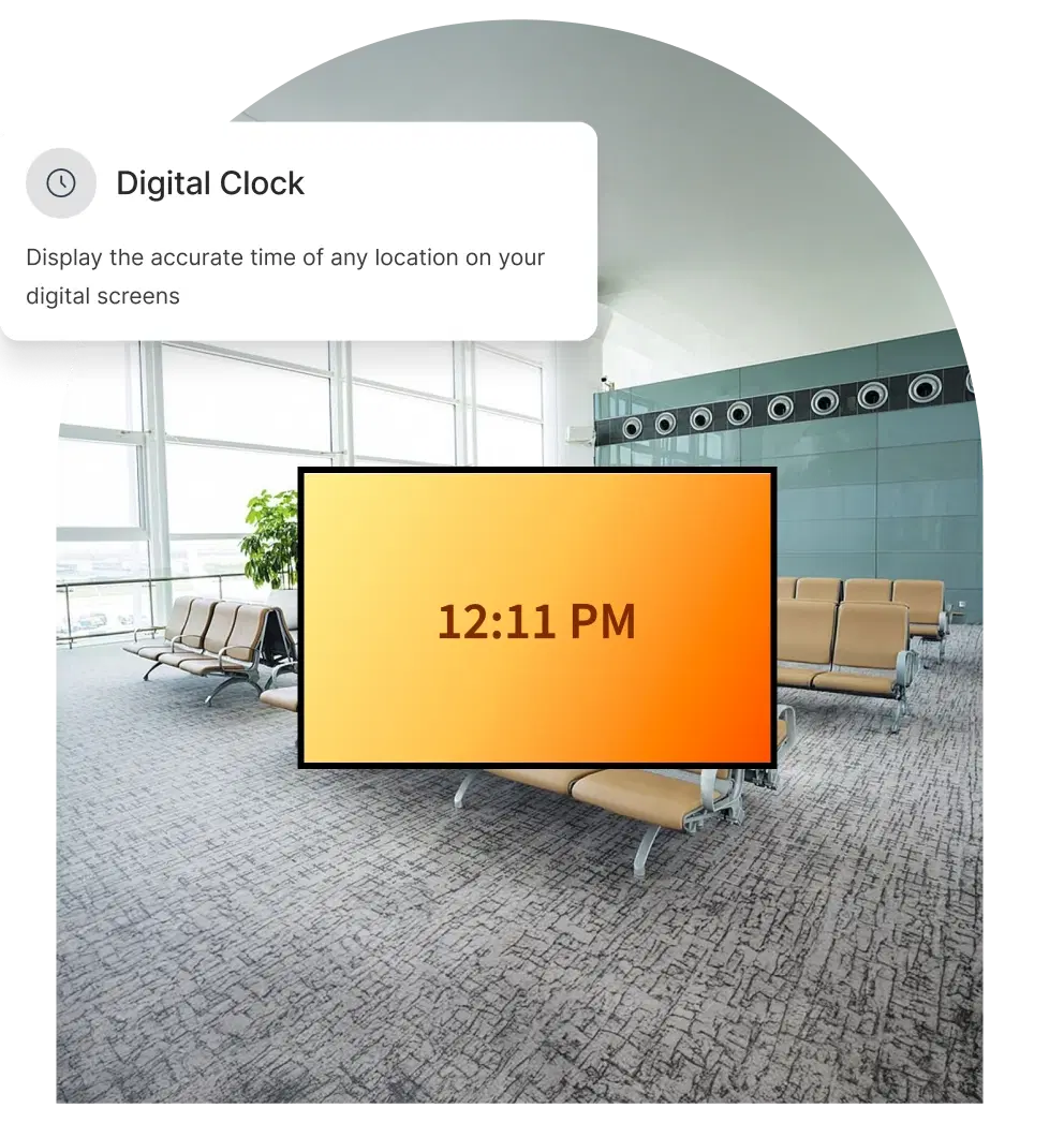 Transportation digital signage showing synchronized clock displays