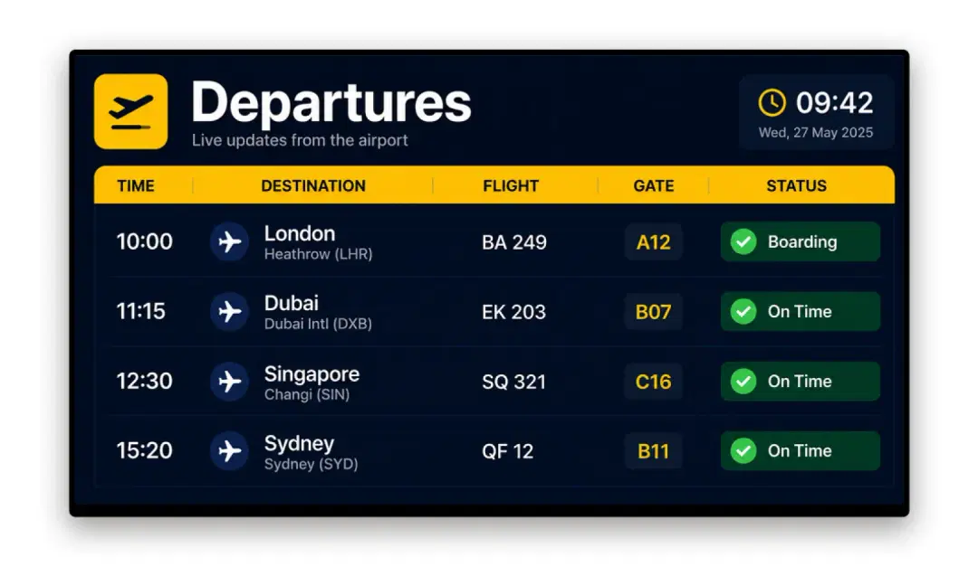 Airport terminal FIDS display powered by Pickcel showing live flight departure and arrival information