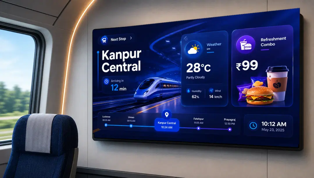 UBN Enterprise intercity train interior with on-board digital advertising screens powered by Pickcel