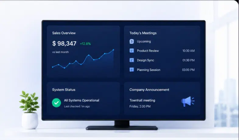 Office screen showing live sales, meetings, system status and announcement dashboards