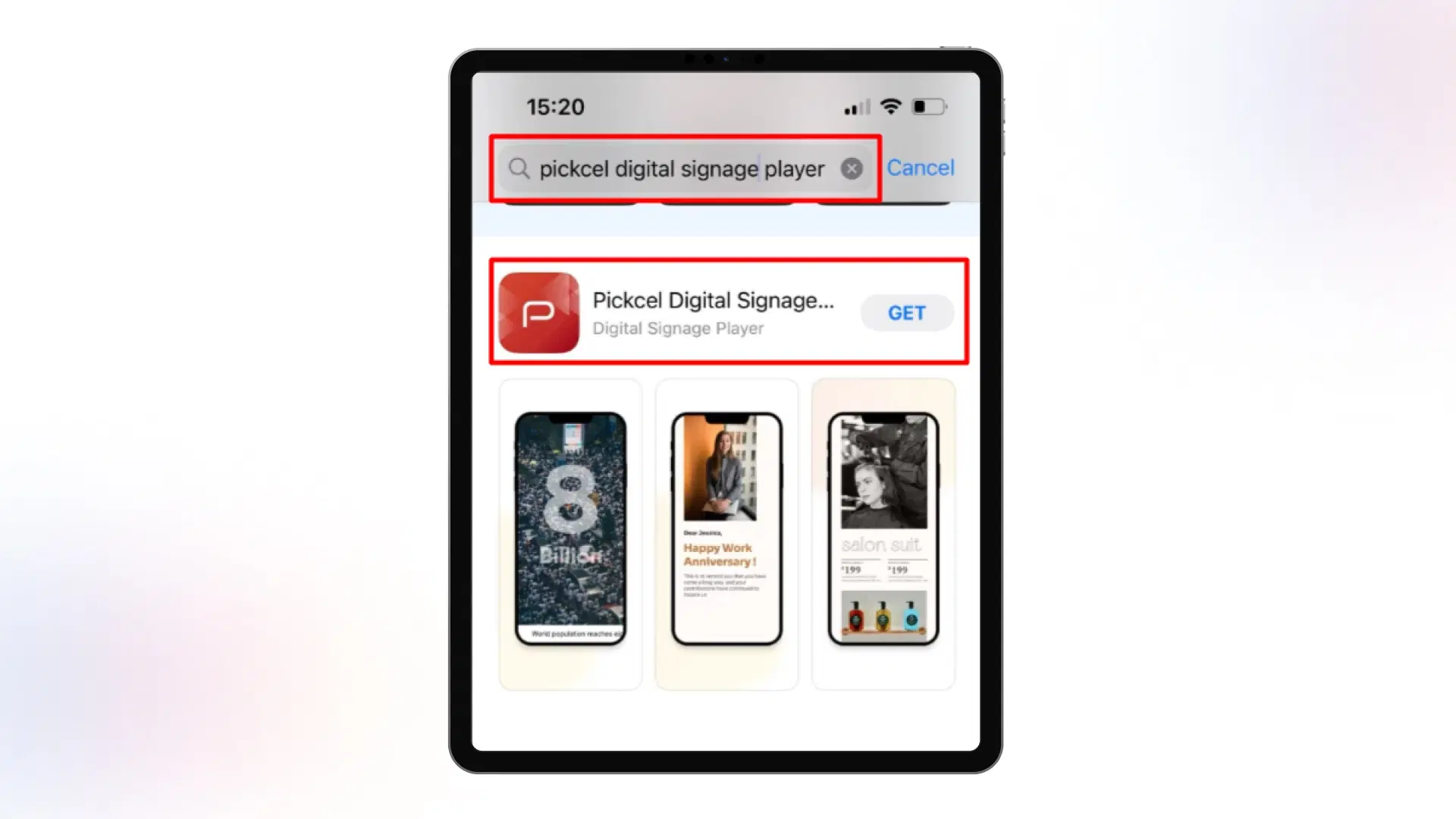 App store search interface showing Pickcel's app