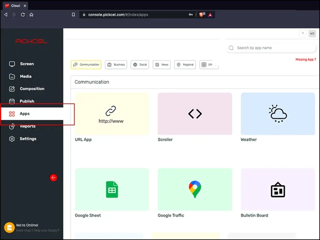 Step 2: go to the app module in the Pickcel dashboard to access the digital menu board app