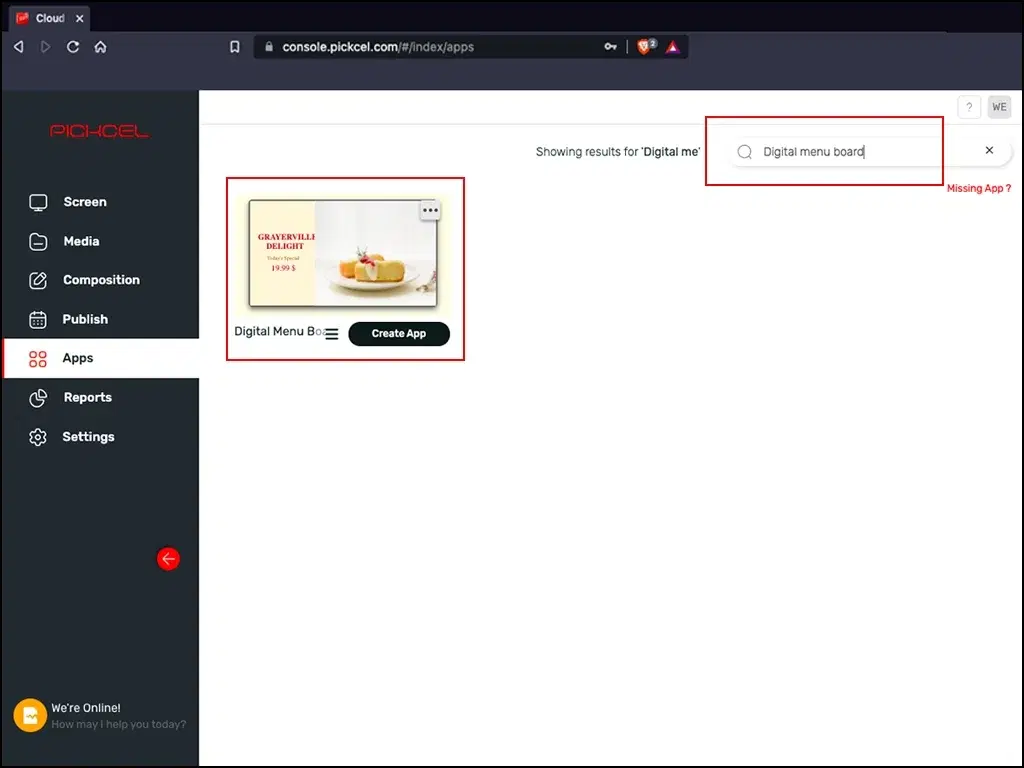 Pickcel software apps tab with the option to search an app digital menu board and create the app