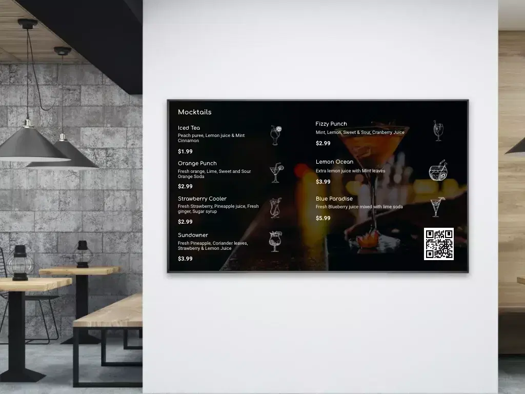 Digital Signage Screen showing menu board with QR code which is created using Pickcel's Digital menu board app