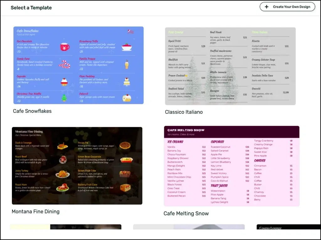 Pickcel software digital menu board app creation window with the option to choose a menu design template or create own design