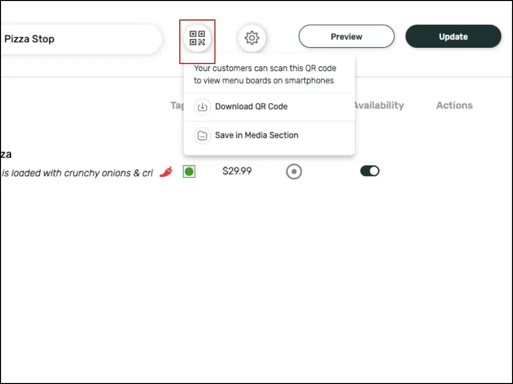 Pickcel software digital menu board app creation window with the option to add a QR code to the menu template