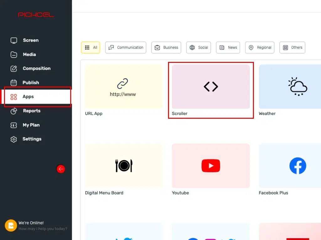 Pickcel dashboard with all the modules listed on the left side of the screen and apps cover the rest of it; Scroller app highlighted in the middle