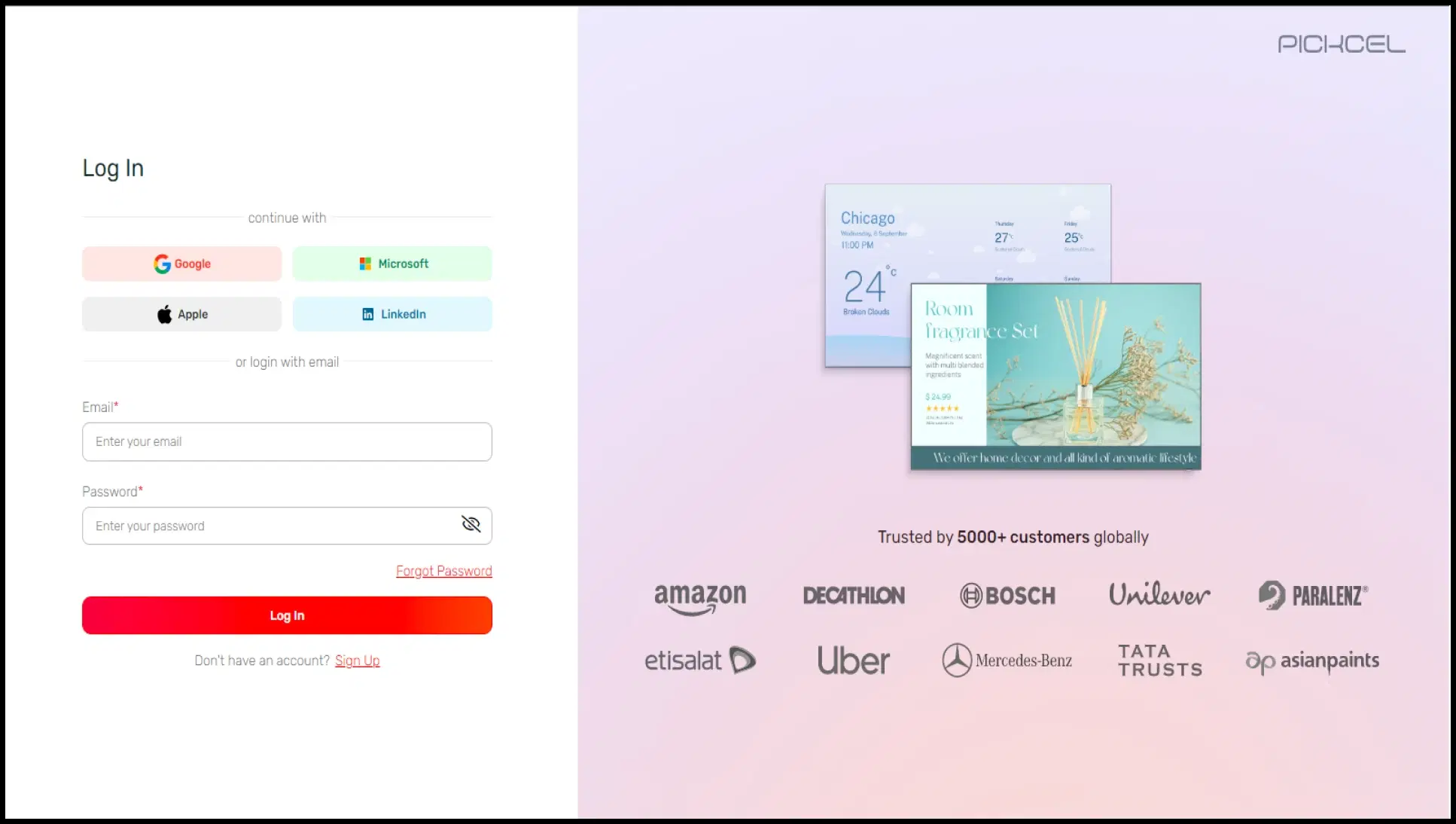 Pickcel software sign up screen