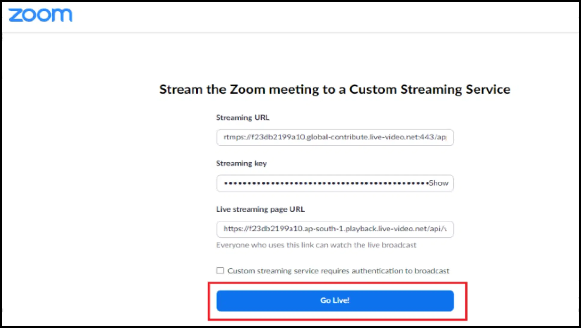 Begin your custom live stream
