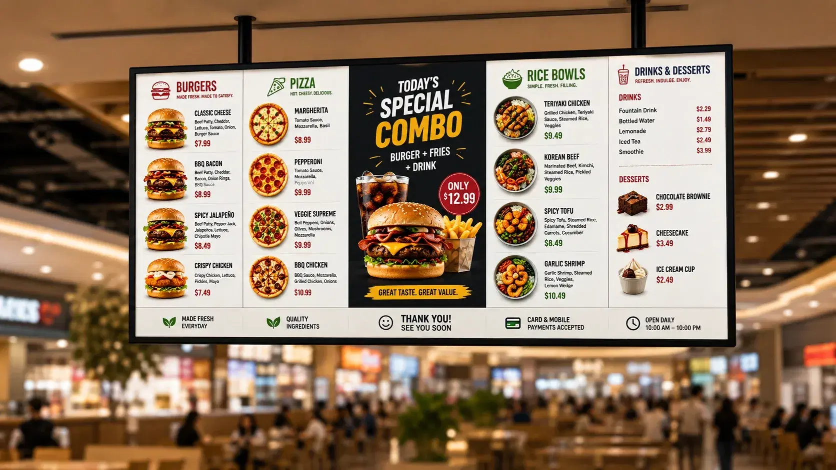 Food court digital menu board showing a live limited-time offer across stall and shared promotional screens