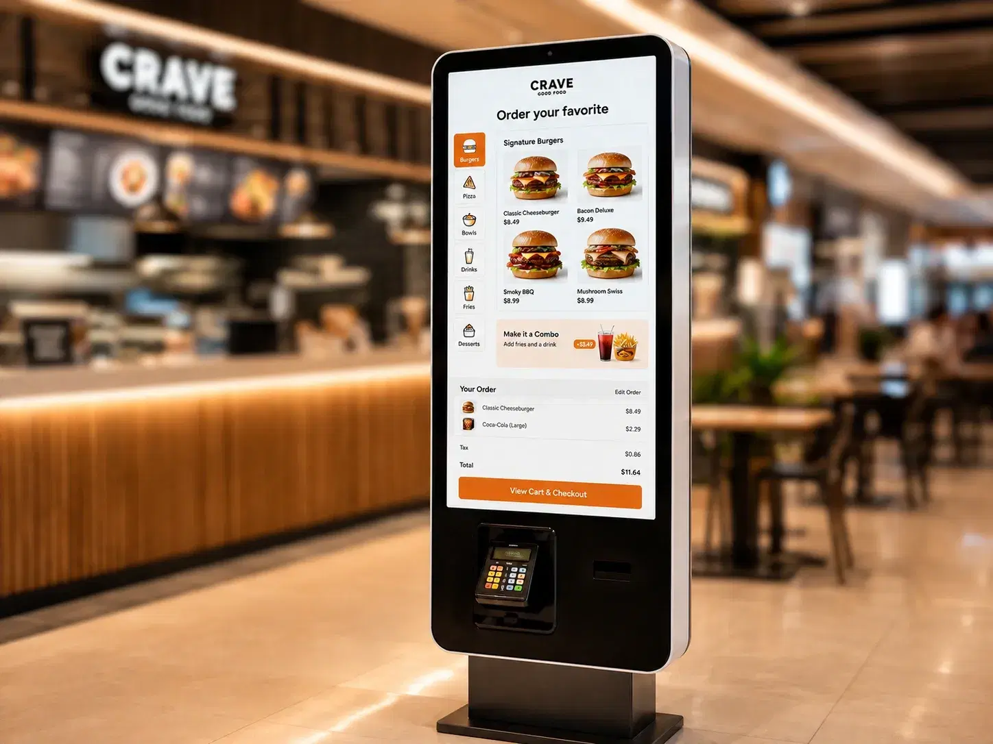 Self-service kiosk in food court setting showing multi-stall order screen