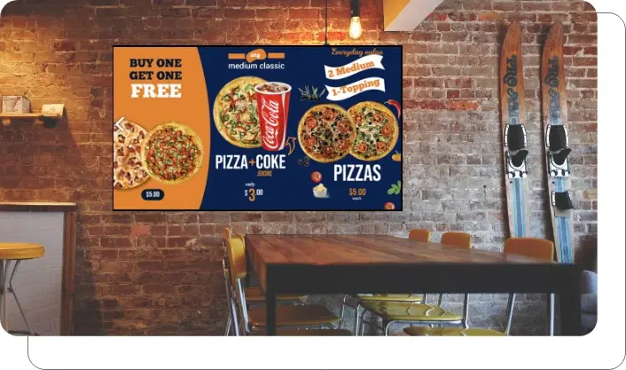 Digital menu board displaying pizza menu alongside cross-sell items
